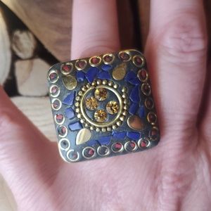 New Lapis Lazuli, Coral Adjustable Brass Tone Ring.